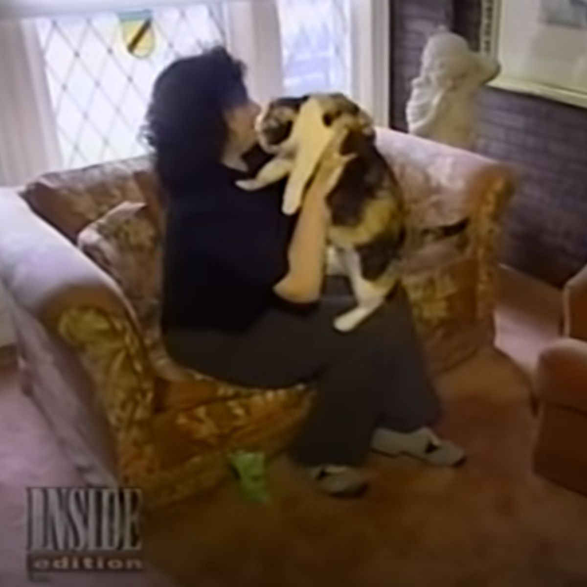 woman picks up mother cat