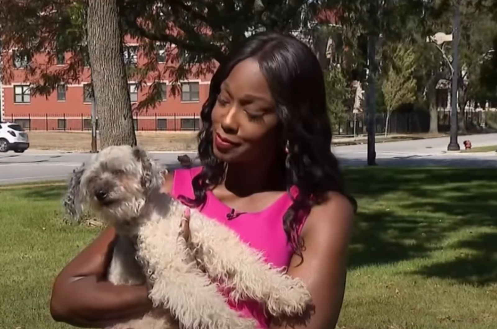woman with a white shaggy dog