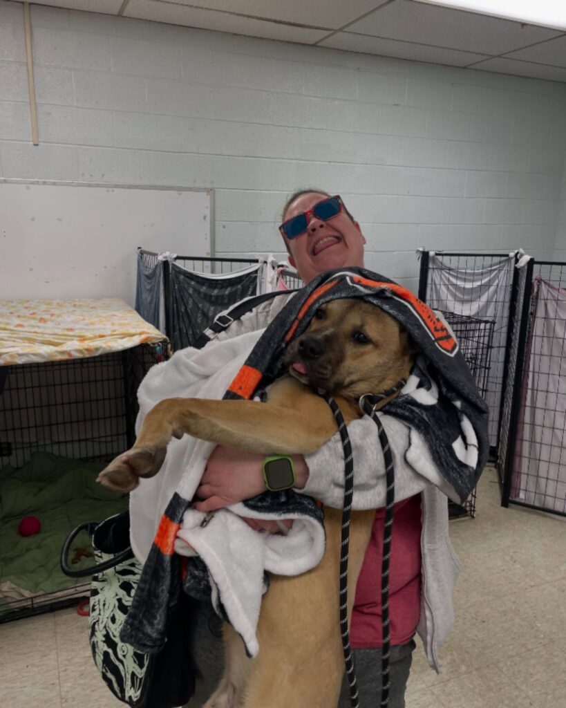 A girl holds a wrapped dog in her arms