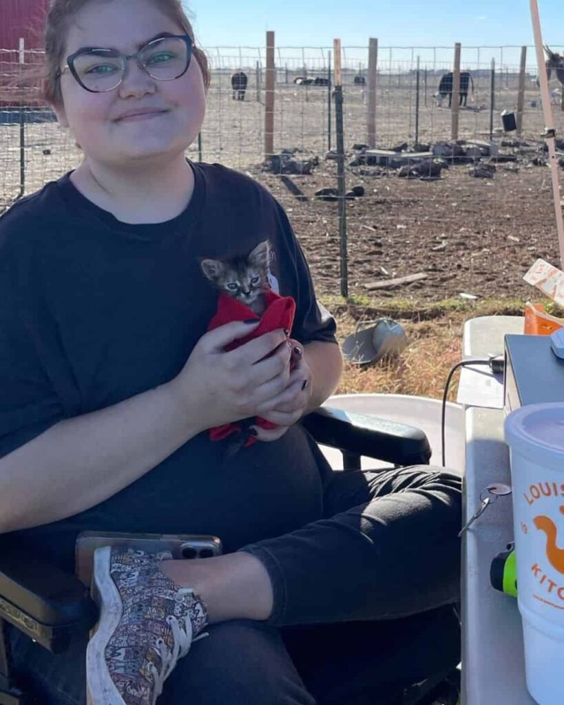 A girl in a stroller holds a kitten in her arms