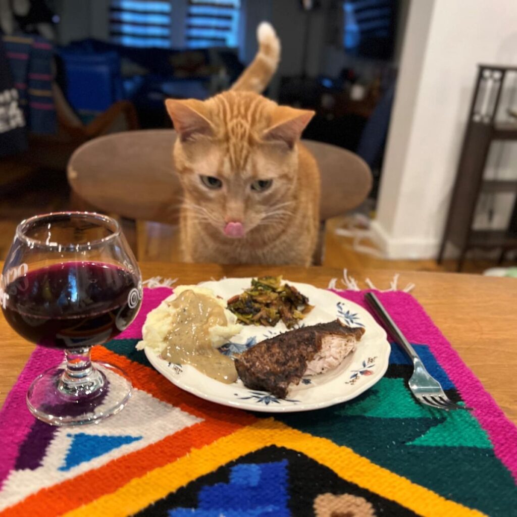 The cat is licking itself at the table