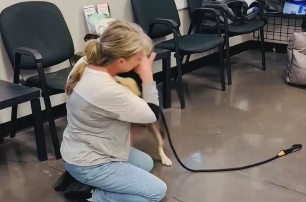 The dog and the woman are hugging each other with joy