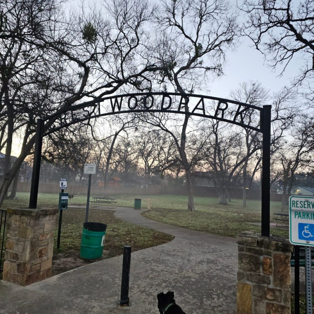 The dog is sitting in front of the park entrance