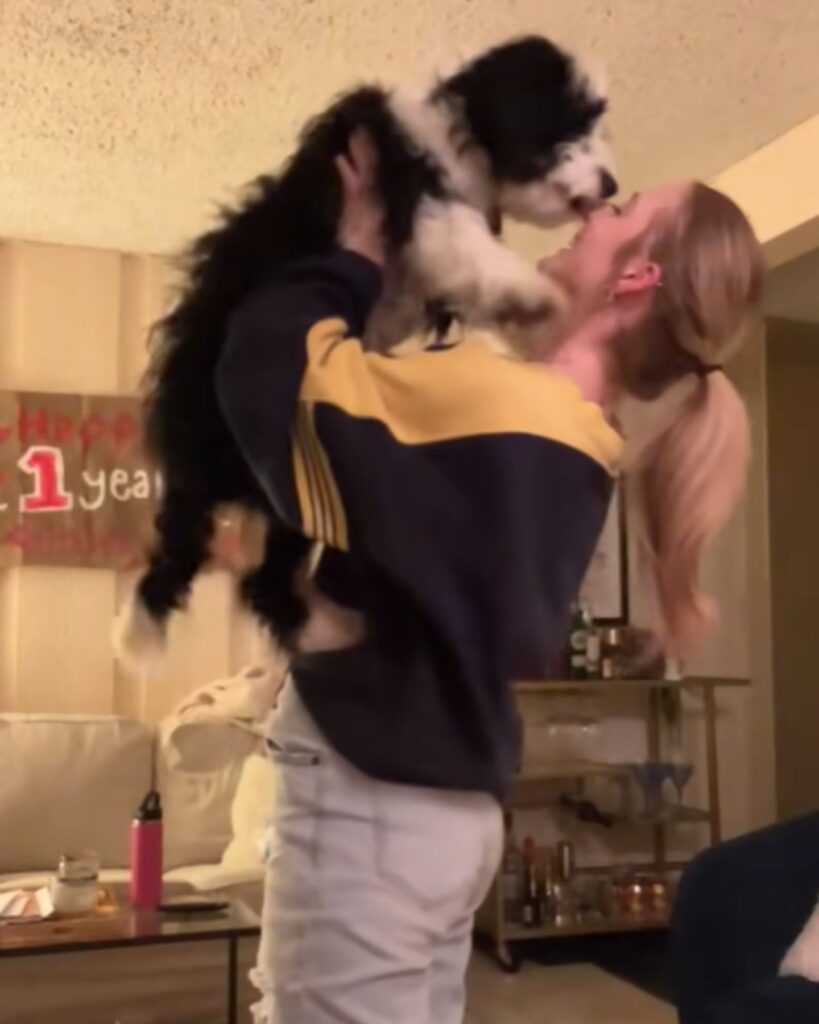 The girl is picking up the dog