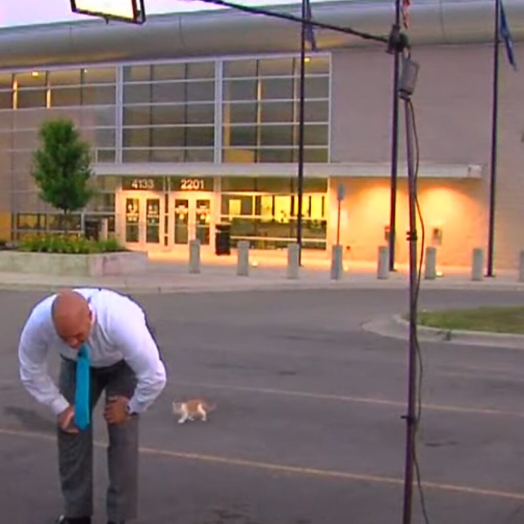 The man is leaning over, the cat is standing behind him