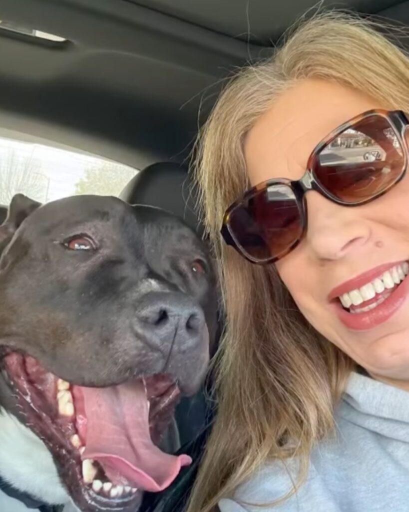 a woman takes a picture with a dog