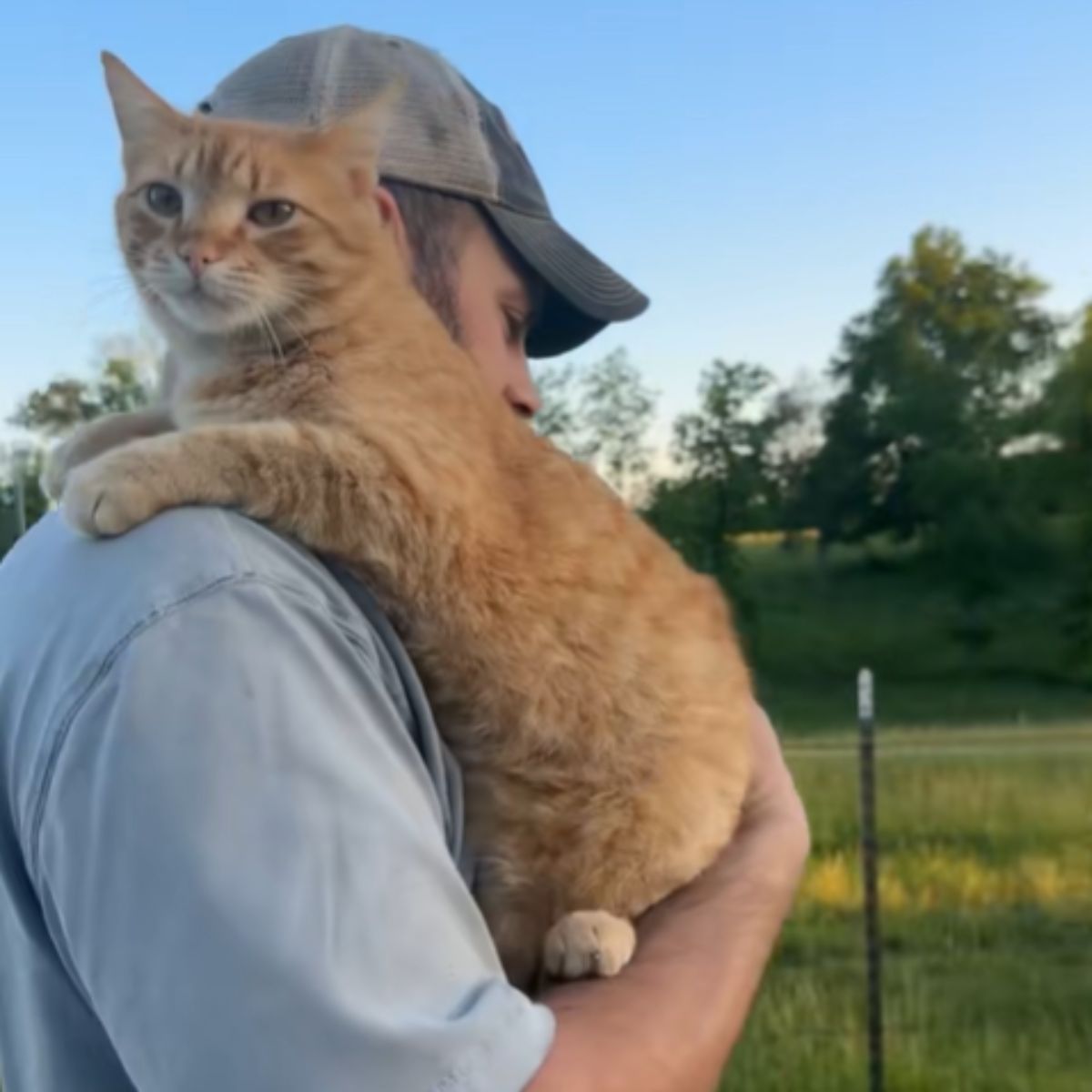 cat on shoulder on farm