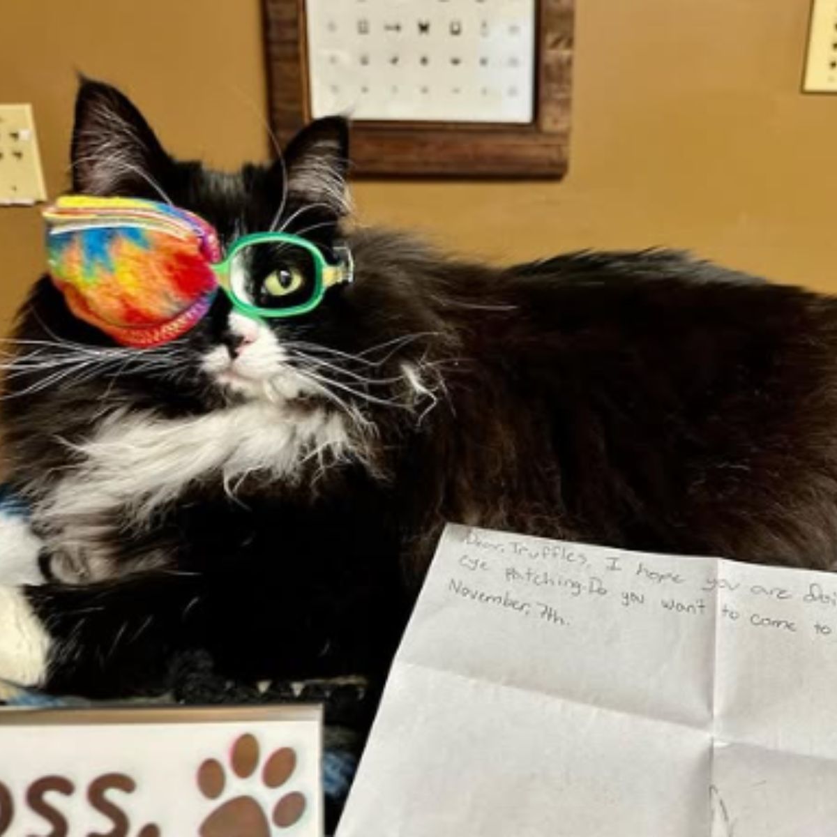 cat with glasses looks at one eye