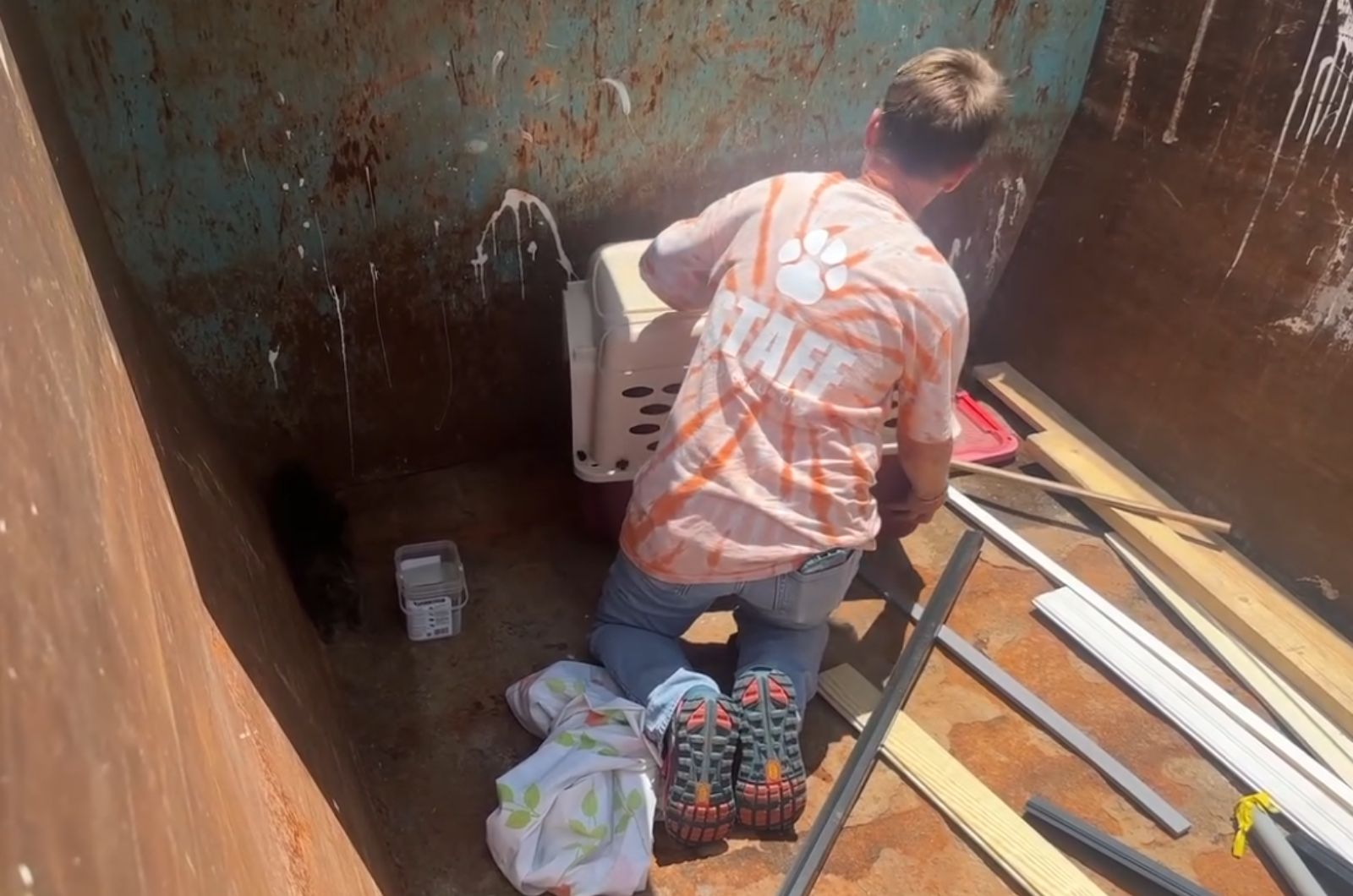 man helping two kittens hiding in construction site