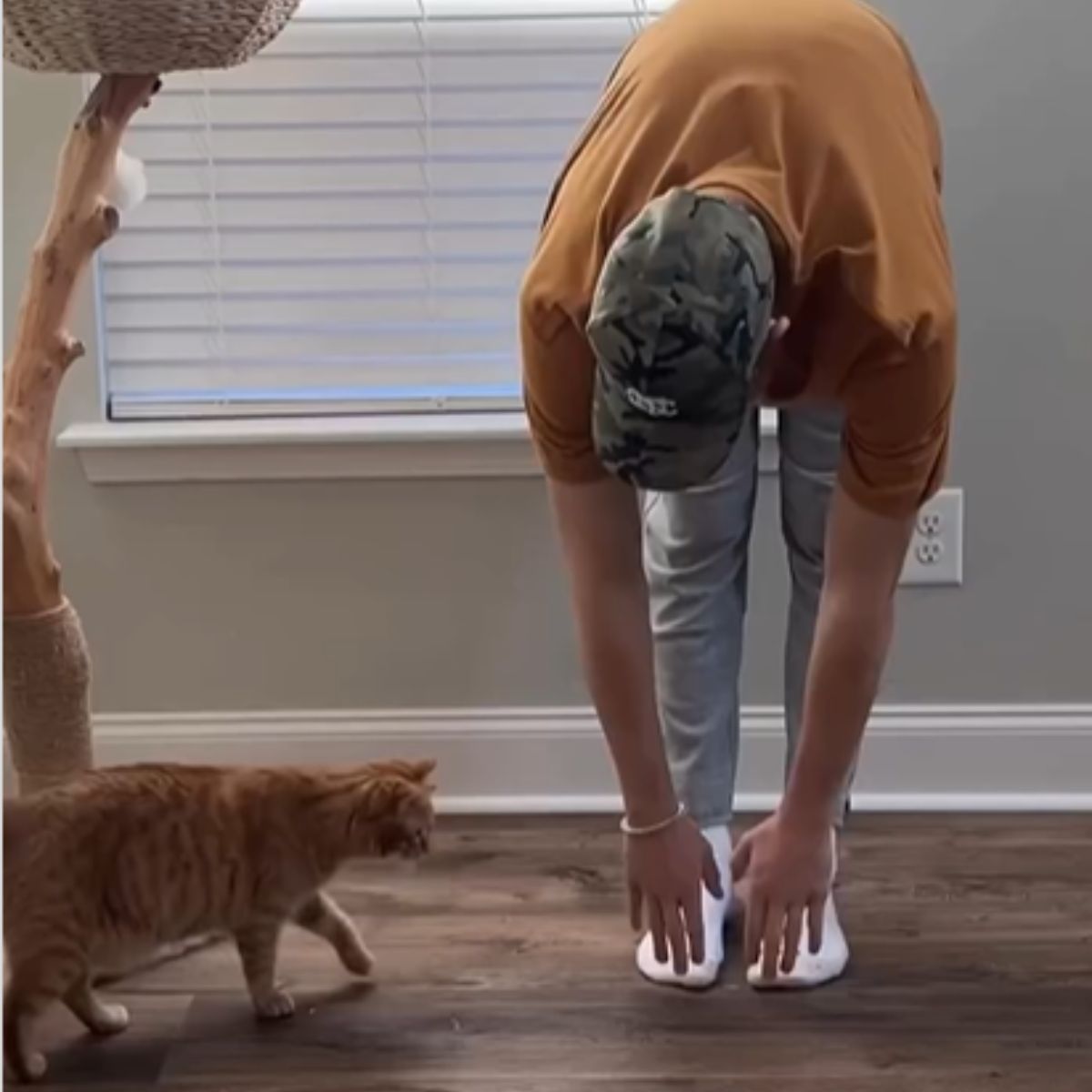 man stretches like a cat