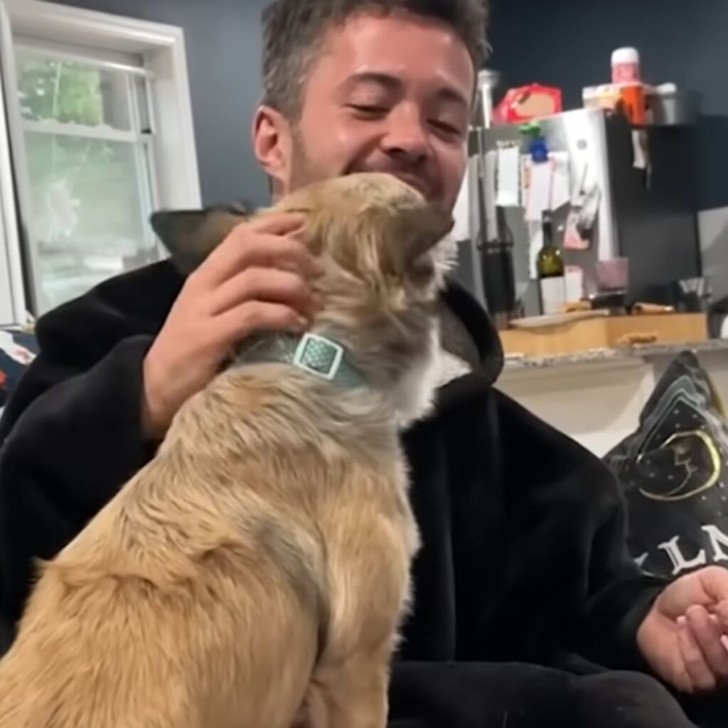 smiling man petting dog
