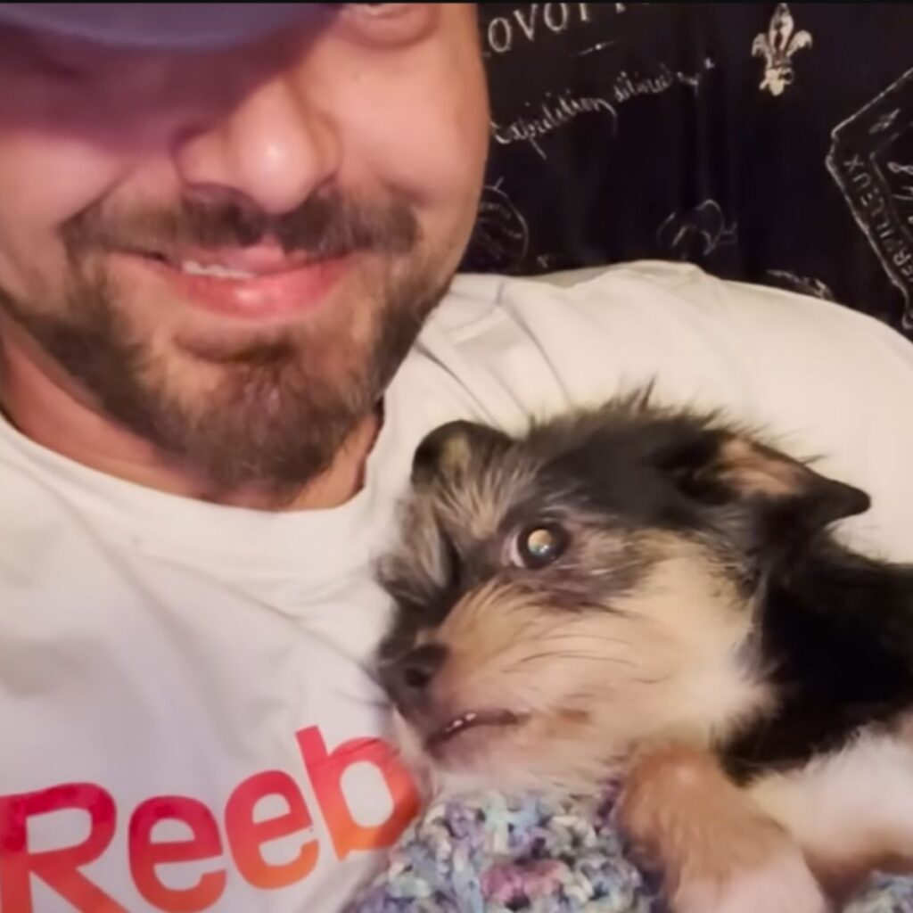 the dog lies on the man's chest