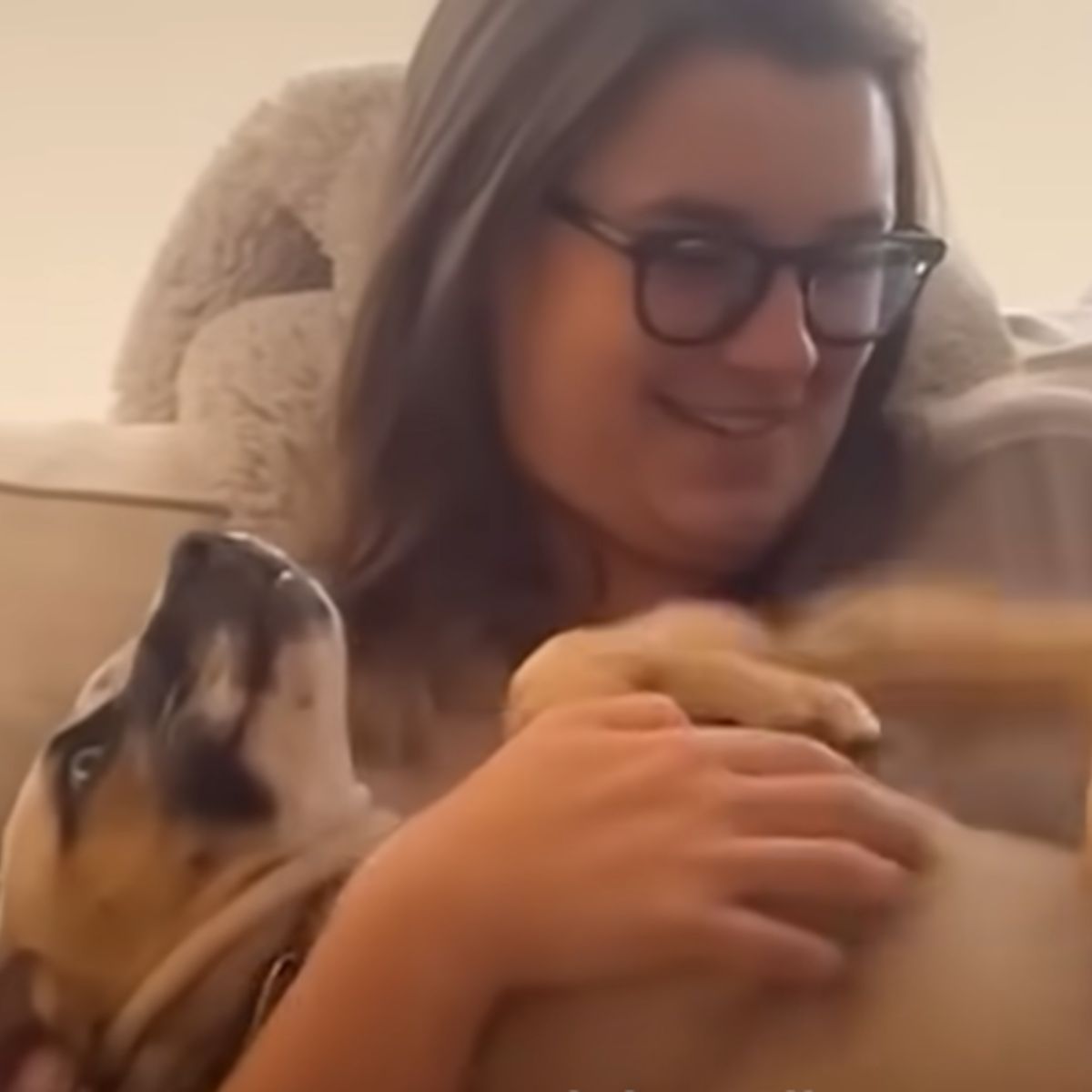 woman petting mom dog