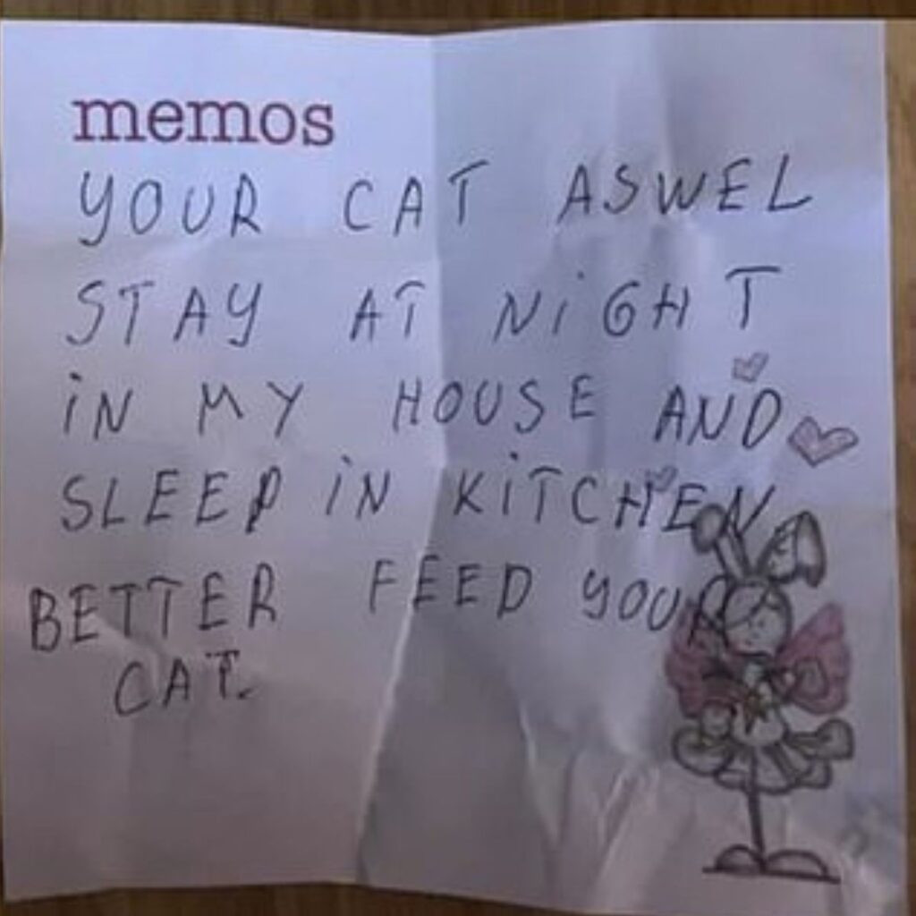 a message about a cat written on paper