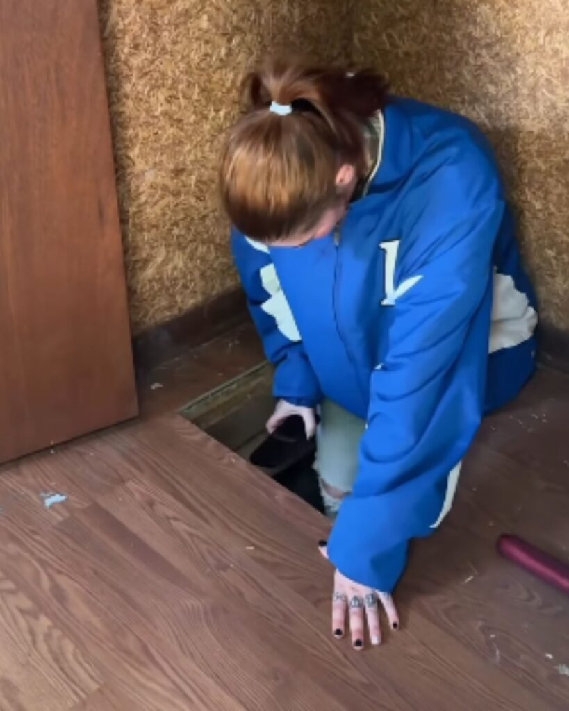 a woman enters the basement