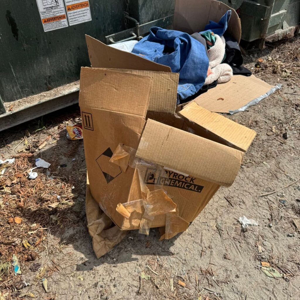 box sitting outside a dumpster