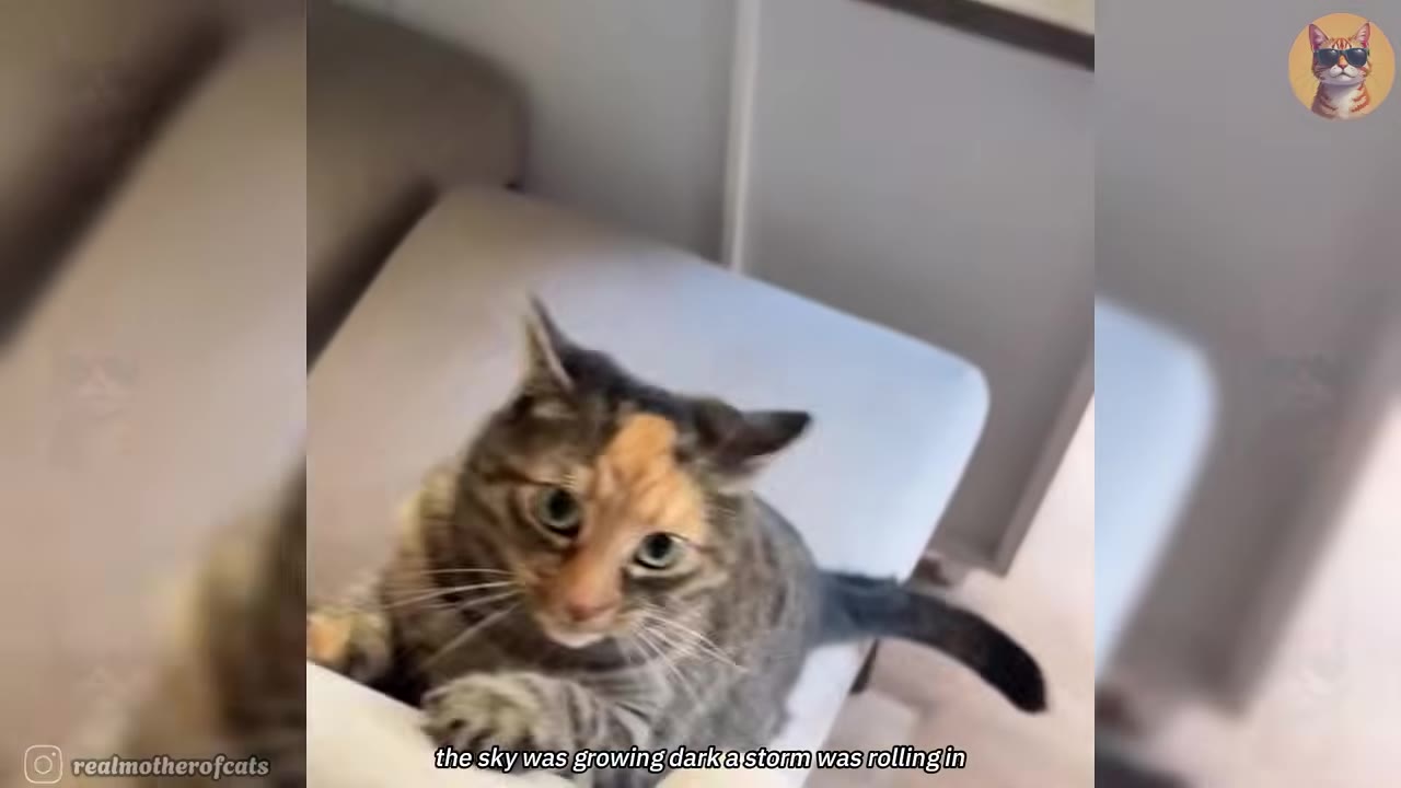 A close-up of a calico tabby cat looking up with wide, curious eyes while perched on a light-colored surface.