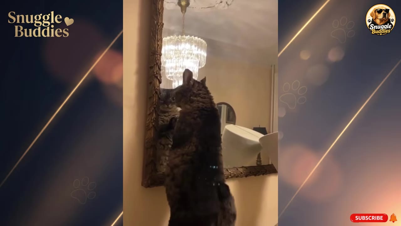 A tabby cat stands on its hind legs, looking at its reflection in a large, gold-framed mirror.