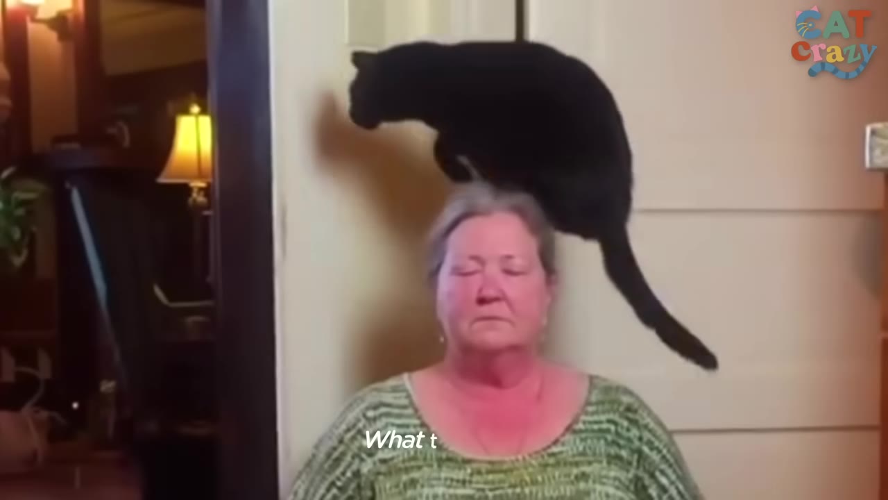 A black cat leaps over the head of a woman with her eyes closed.
