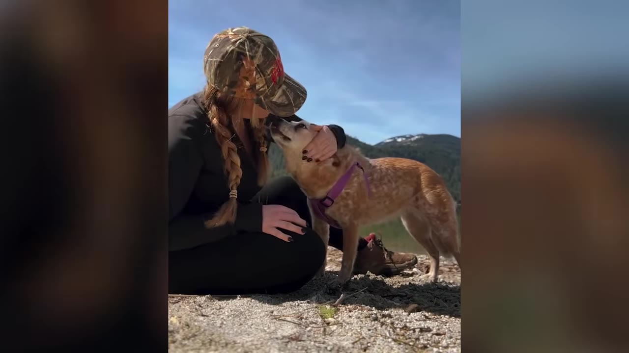 A woman wearing a camouflage cap and black jacket sits on the ground, gently cradling the head of her red heeler dog as they share a tender moment outdoors.