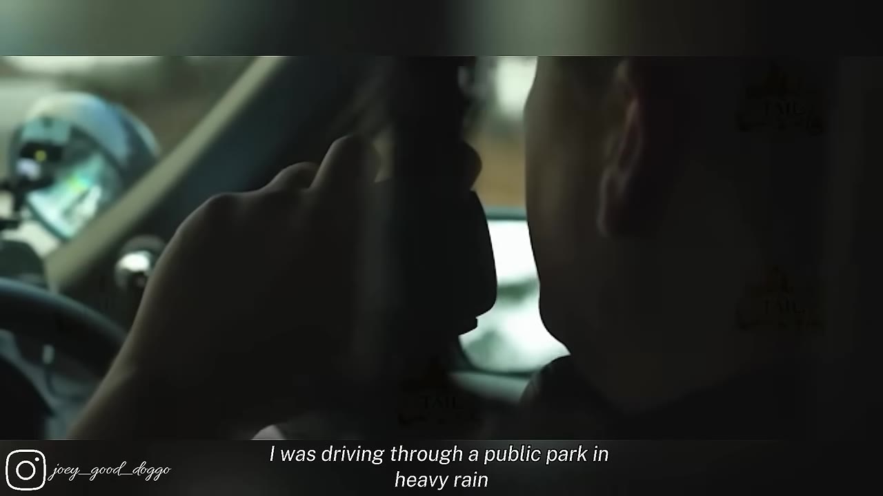 A close-up shot from inside a vehicle looking past the driver's shoulder as they drive through a park in heavy rain.