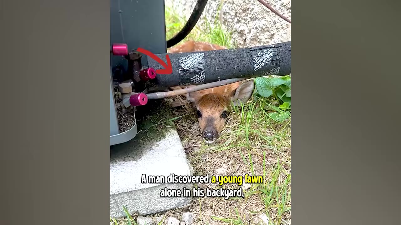 A small spotted fawn lies curled up on the grass behind an outdoor air conditioning unit, looking directly at the camera.