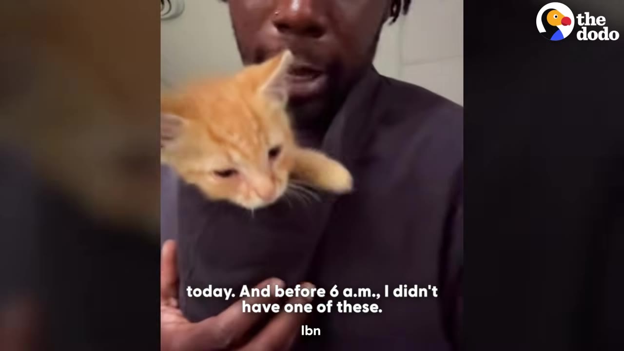A man holding a small orange kitten tucked inside his dark grey shirt.