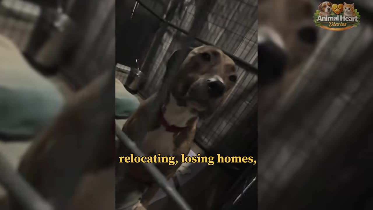 A brindle dog with a red collar looks directly at the camera from inside a kennel.