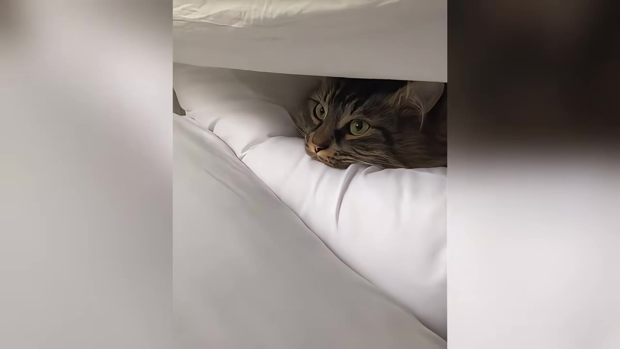 A fluffy tabby cat peeking out from underneath white bed sheets.