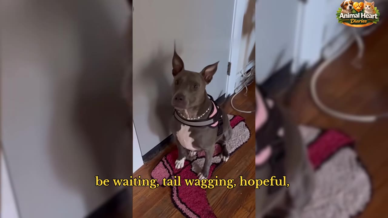 A grey and white pit bull wearing a harness sits on a pink mat near a doorway, looking up with an expectant expression.