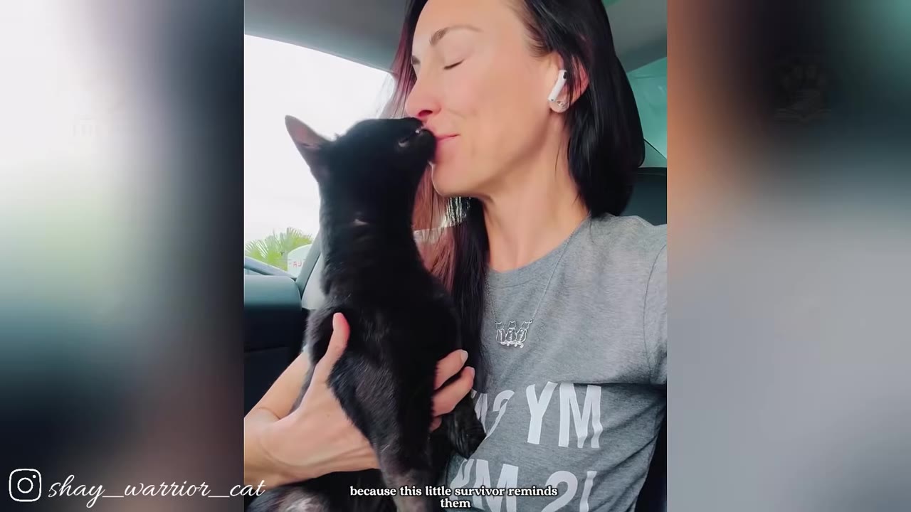 A woman with dark hair holds a small black cat close to her face as the cat gently touches her nose with its mouth inside a car.