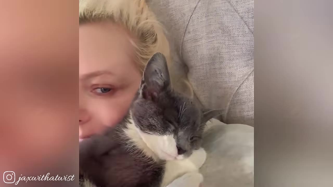A close-up shot of a blonde woman resting her face near a sleeping grey and white kitten.