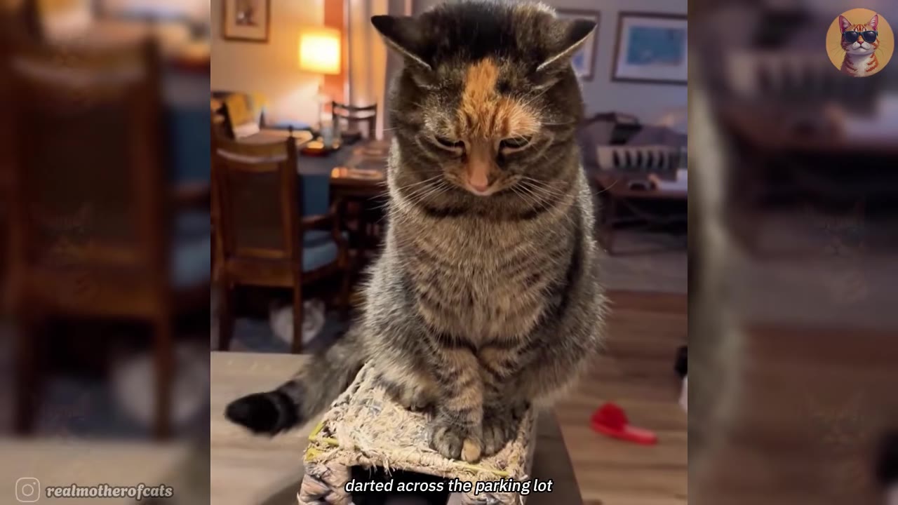 A domestic tabby cat with orange and black markings sits on a scratching post indoors, looking down thoughtfully.