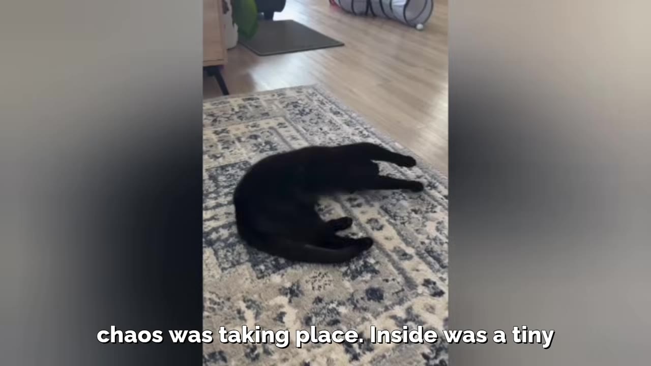A black cat lies on its side, stretching its legs on a patterned rug.