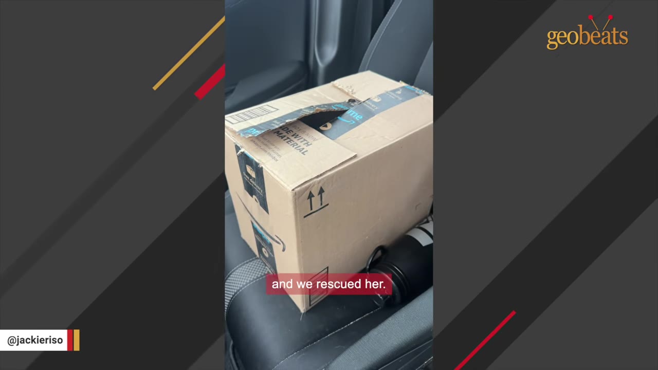 A cardboard box sitting on the passenger seat of a car, with a small opening taped shut.
