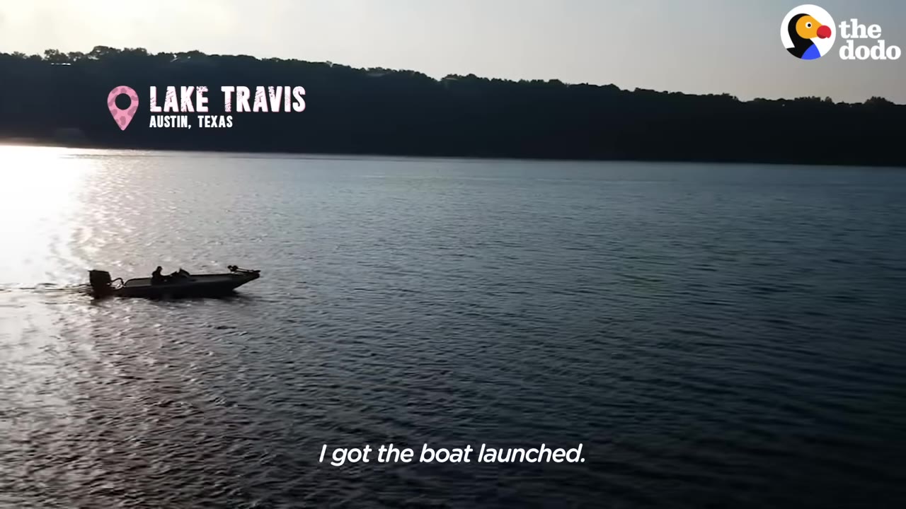 A wide shot of a small motorboat traveling across Lake Travis in Austin, Texas, with the sun reflecting off the water.