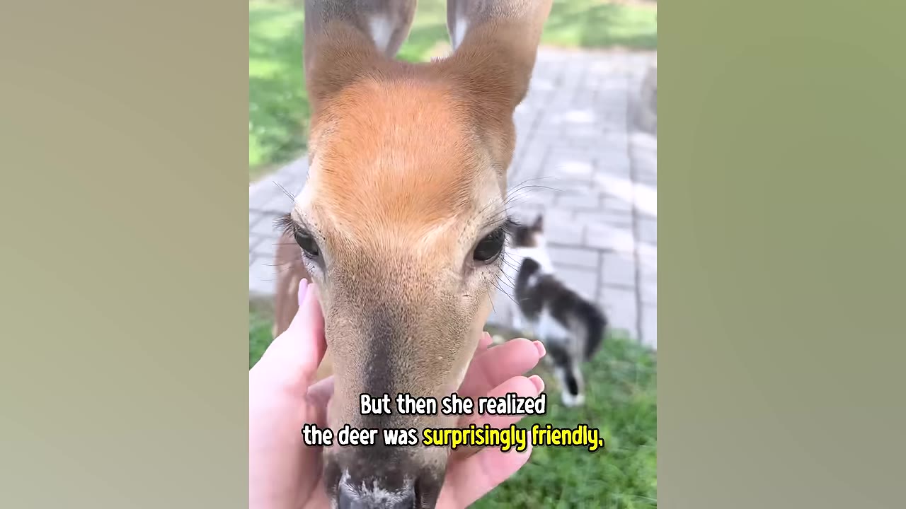 A close-up of a young deer's face being gently cradled by a person's hand, with a black and white cat visible in the background.