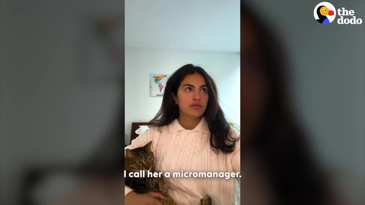 A woman in a white sweater holds a tabby cat in her lap, with the text 'I call her a micromanager.' on the screen.