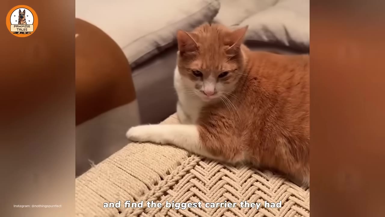 An orange and white cat sitting on a woven beige surface, looking down with a serious expression.