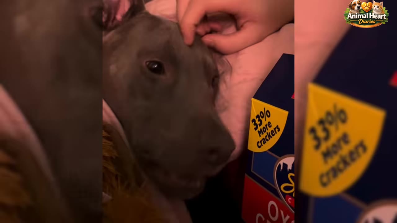 A close-up shot of a grey dog's head being gently petted by a person's hand.