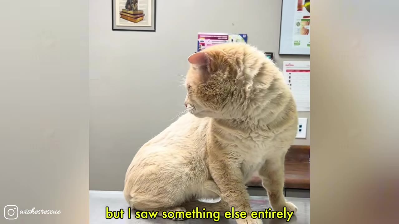 A light orange cat sitting on a metal examination table in a clinic, looking over its shoulder.