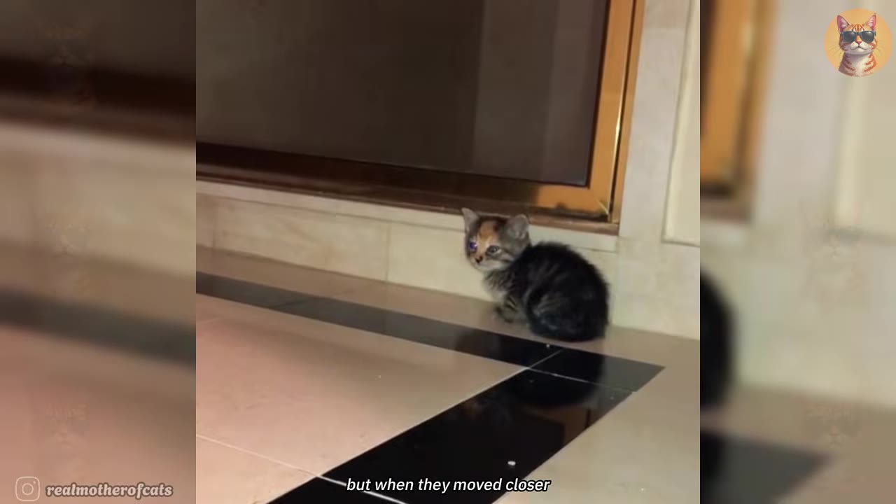 A small, frightened calico kitten sitting on a tiled floor near a glass door, looking up with wide eyes.