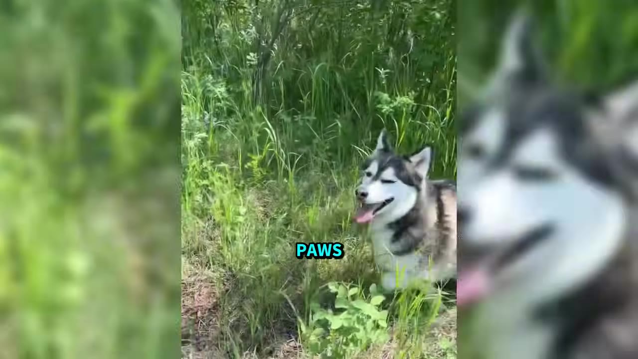 A black and white Siberian Husky sitting in tall green grass, looking to the side with its tongue out.