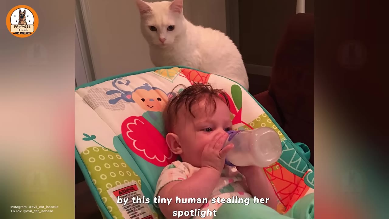 A white cat peers over the back of a colorful baby bouncer where a baby is lying down and drinking from a bottle.