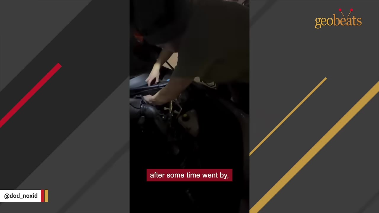 A person reaches carefully into the open engine bay of a car to extract a trapped animal.