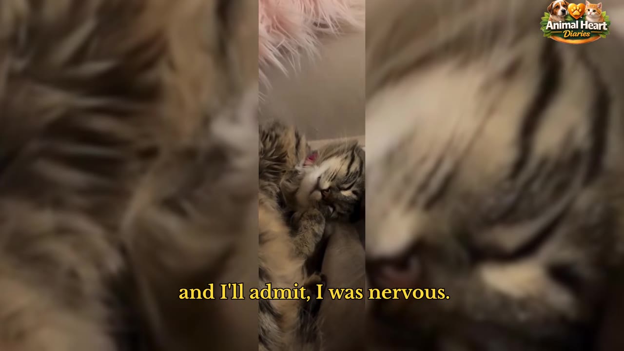 A small, fluffy tabby kitten lying down on a soft surface.