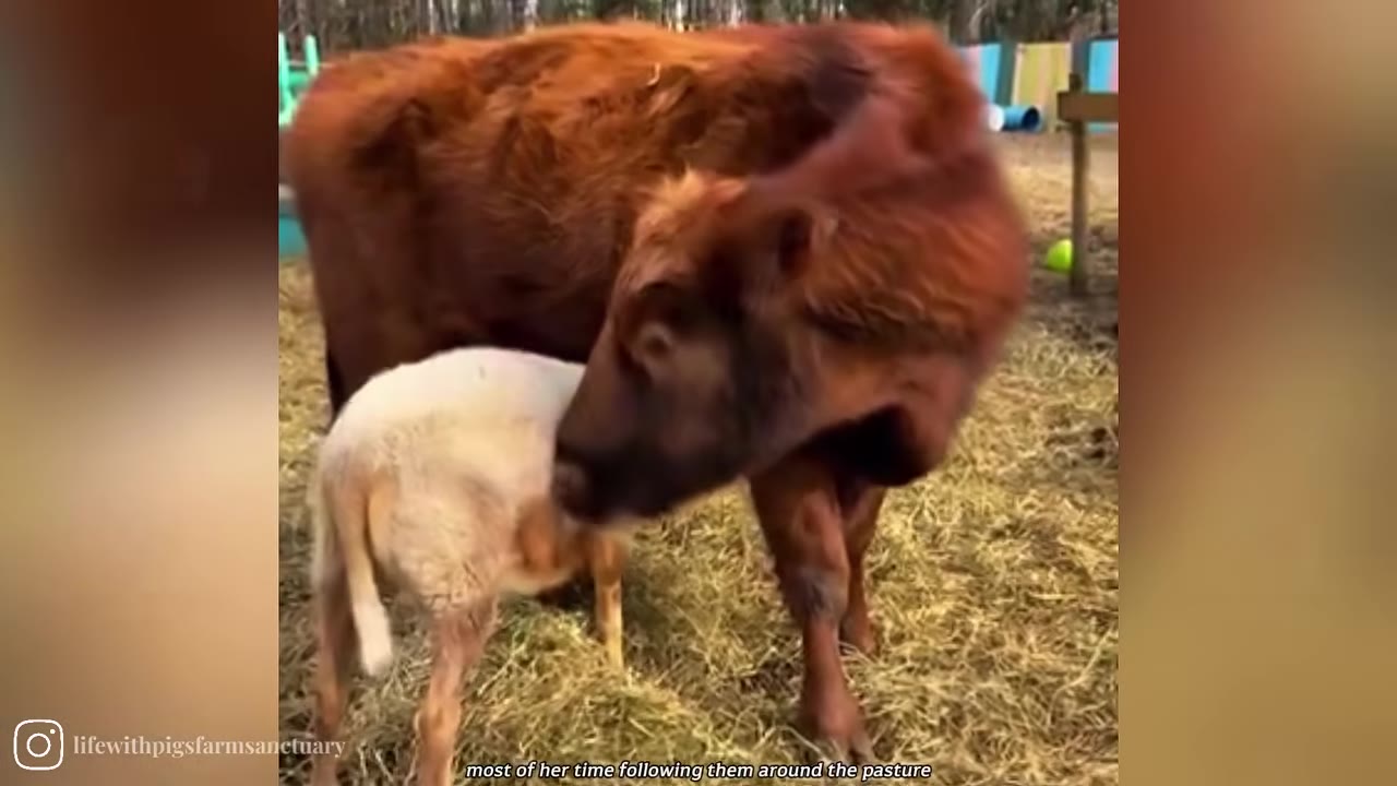 A brown cow gently nuzzles a small white sheep standing beside her in a grassy pasture.