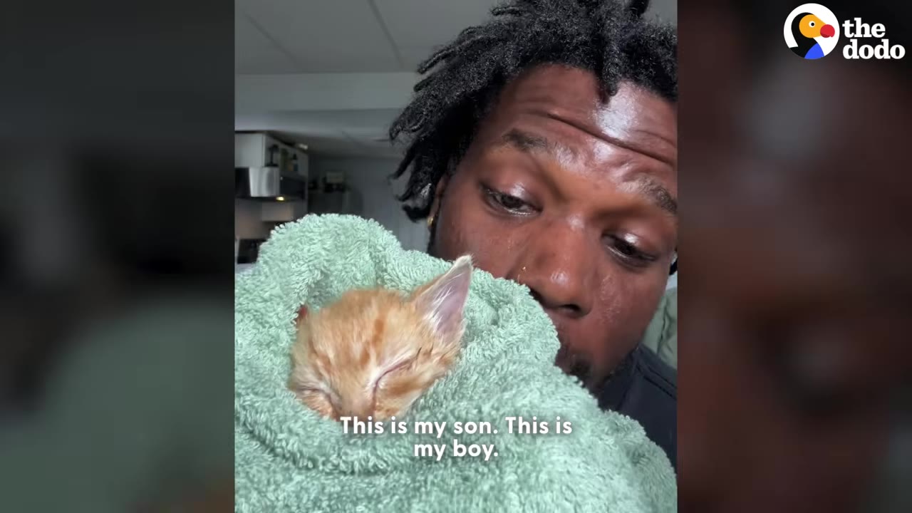 A close-up of a man looking down lovingly at a tiny orange kitten wrapped snugly in a light green towel.