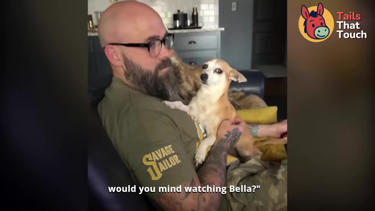 A bald man with a beard and glasses sits on a couch holding a small tan and white dog in his lap. The subtitle reads "would you mind watching Bella?".