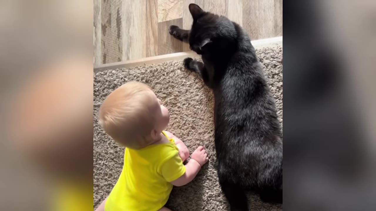 A young baby in a yellow onesie lies on her stomach on a textured rug, holding her head up next to a black cat lying beside her.